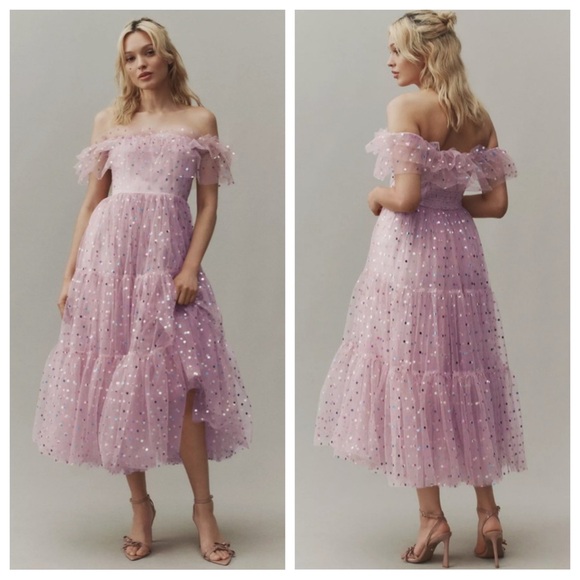 Anthropologie BHLDN Cecilia Off-The-Shoulder Polka Dot Tulle Midi | MEDIUM NWT - Picture 1 of 10